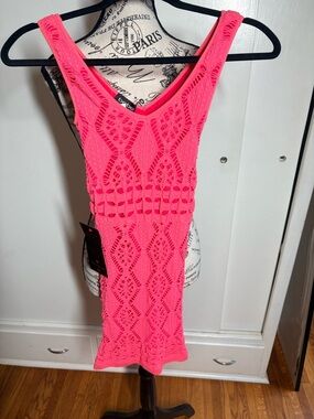 Bebe Hot Pink Crochet Bodycon Sleeveless Dress